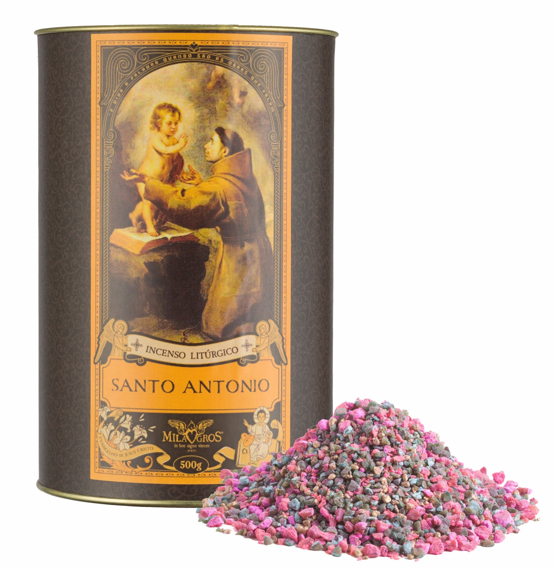 500g canister of Milagros Saint Anthony resin incense beside a pile of resin grains.