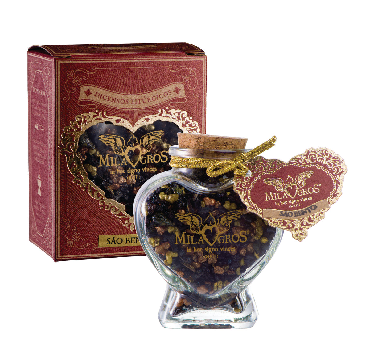 Heart-shaped Cuore glass jar (47g) of Milagros Saint Benedict resin incense with cork stopper and gift box.