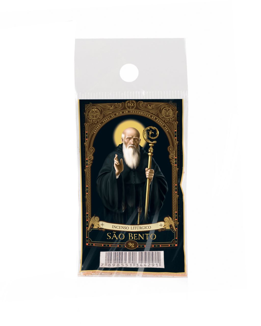 9g sachet of Milagros Saint Benedict resin incense, shown front and back with devotional label.