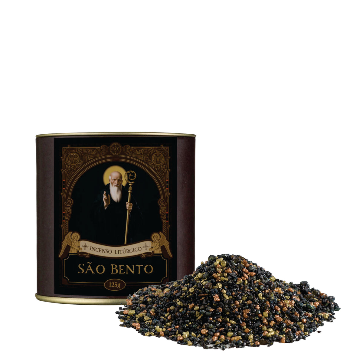 125g canister of Milagros Saint Benedict resin incense beside a pile of resin grains.