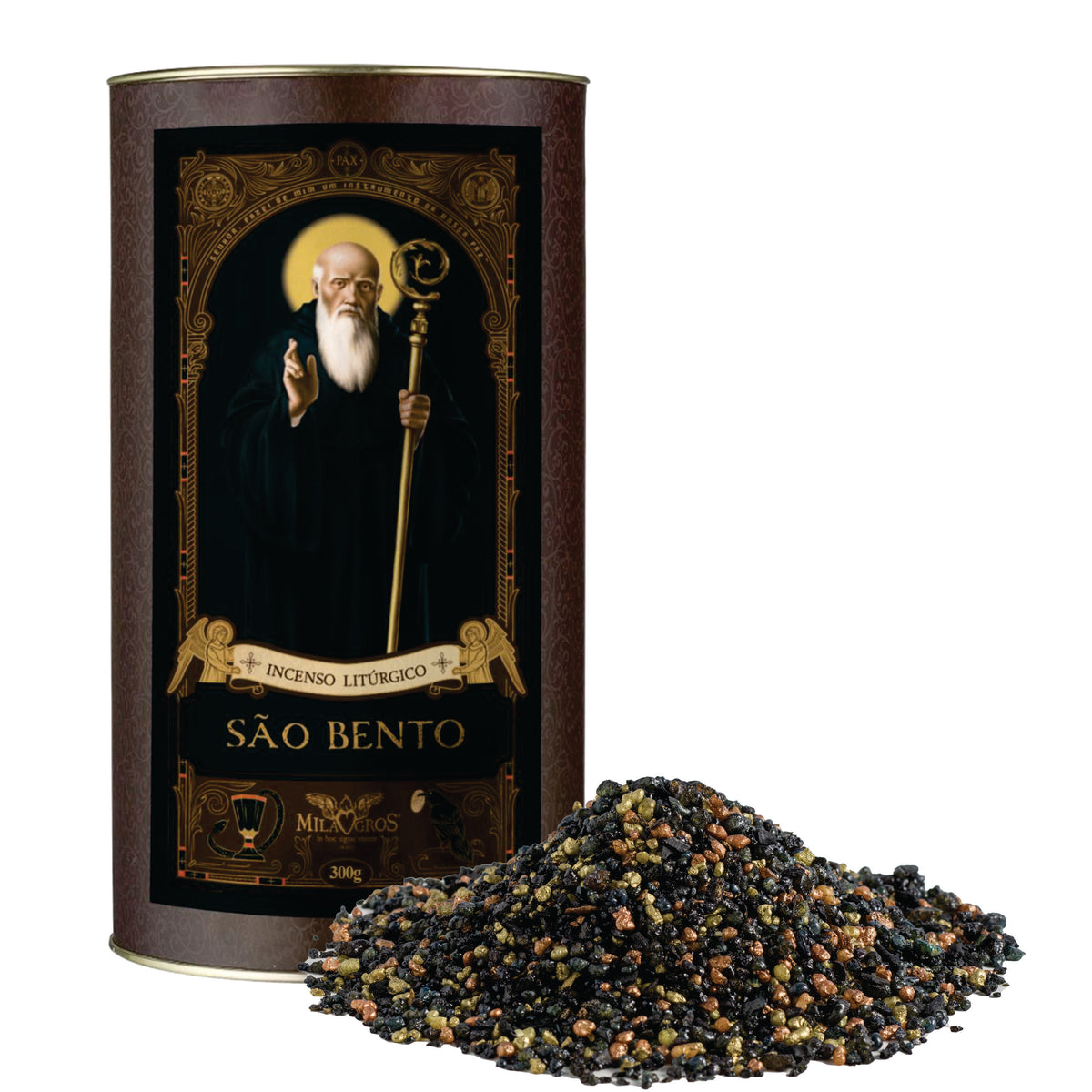 300g canister of Milagros Saint Benedict resin incense beside a pile of resin grains.