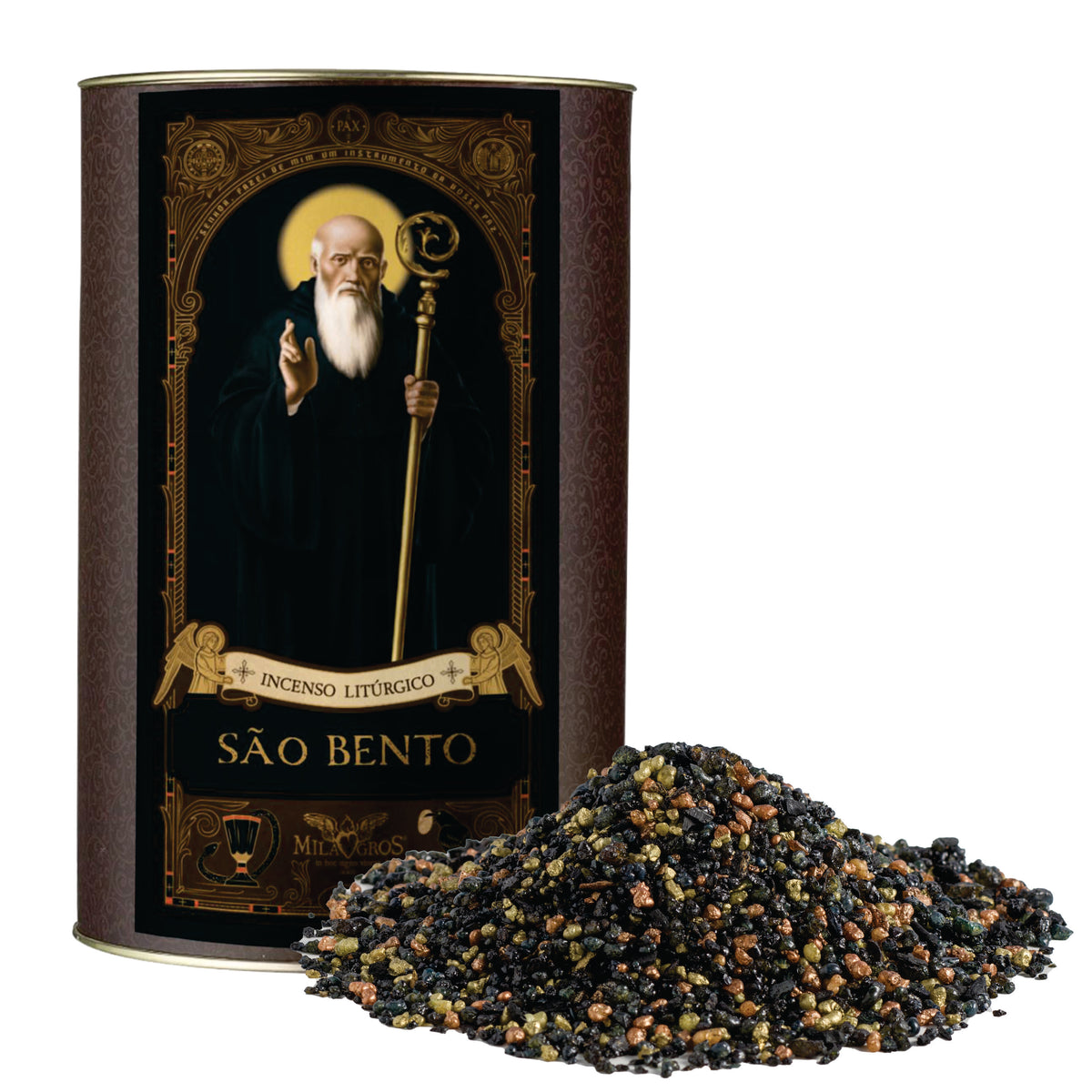 500g canister of Milagros Saint Benedict resin incense beside a pile of resin grains.