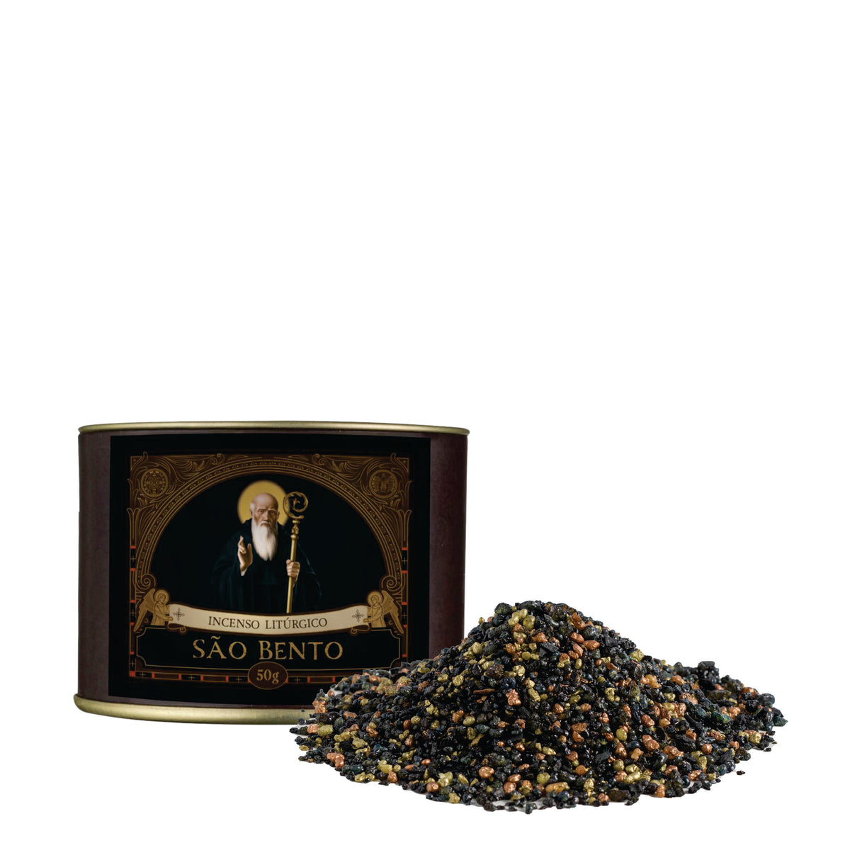 50g canister of Milagros Saint Benedict resin incense beside a pile of resin grains.