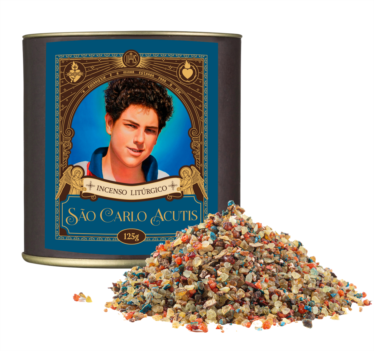 125g canister of Milagros Saint Carlo Acutis resin incense beside a pile of resin grains.
