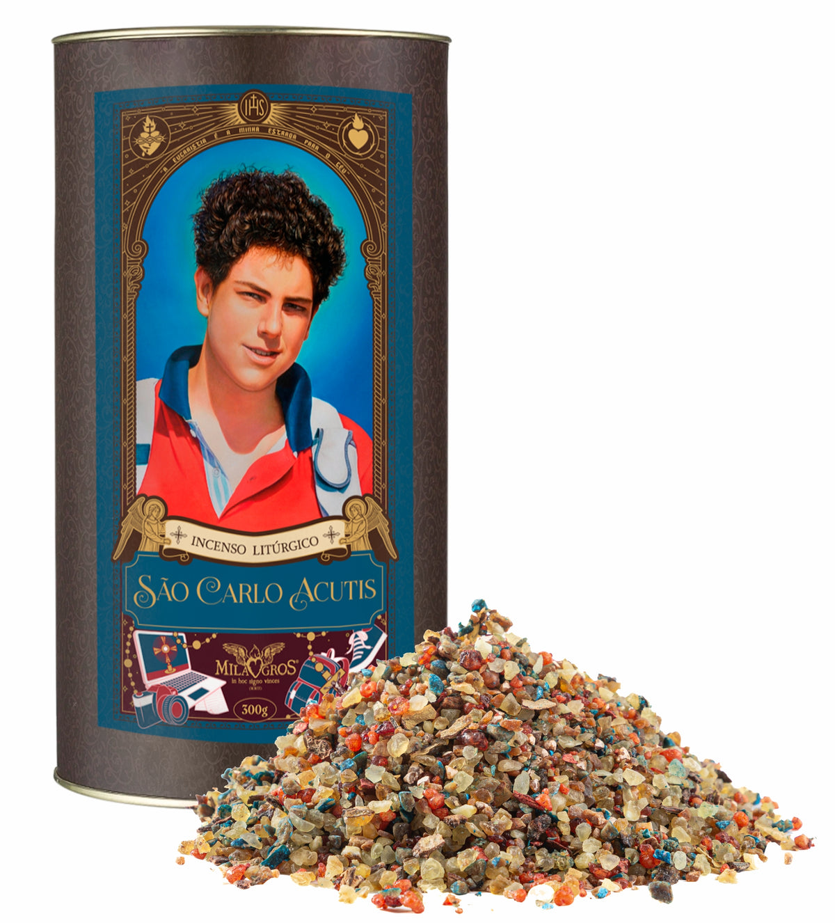 300g canister of Milagros Saint Carlo Acutis resin incense beside a pile of resin grains.