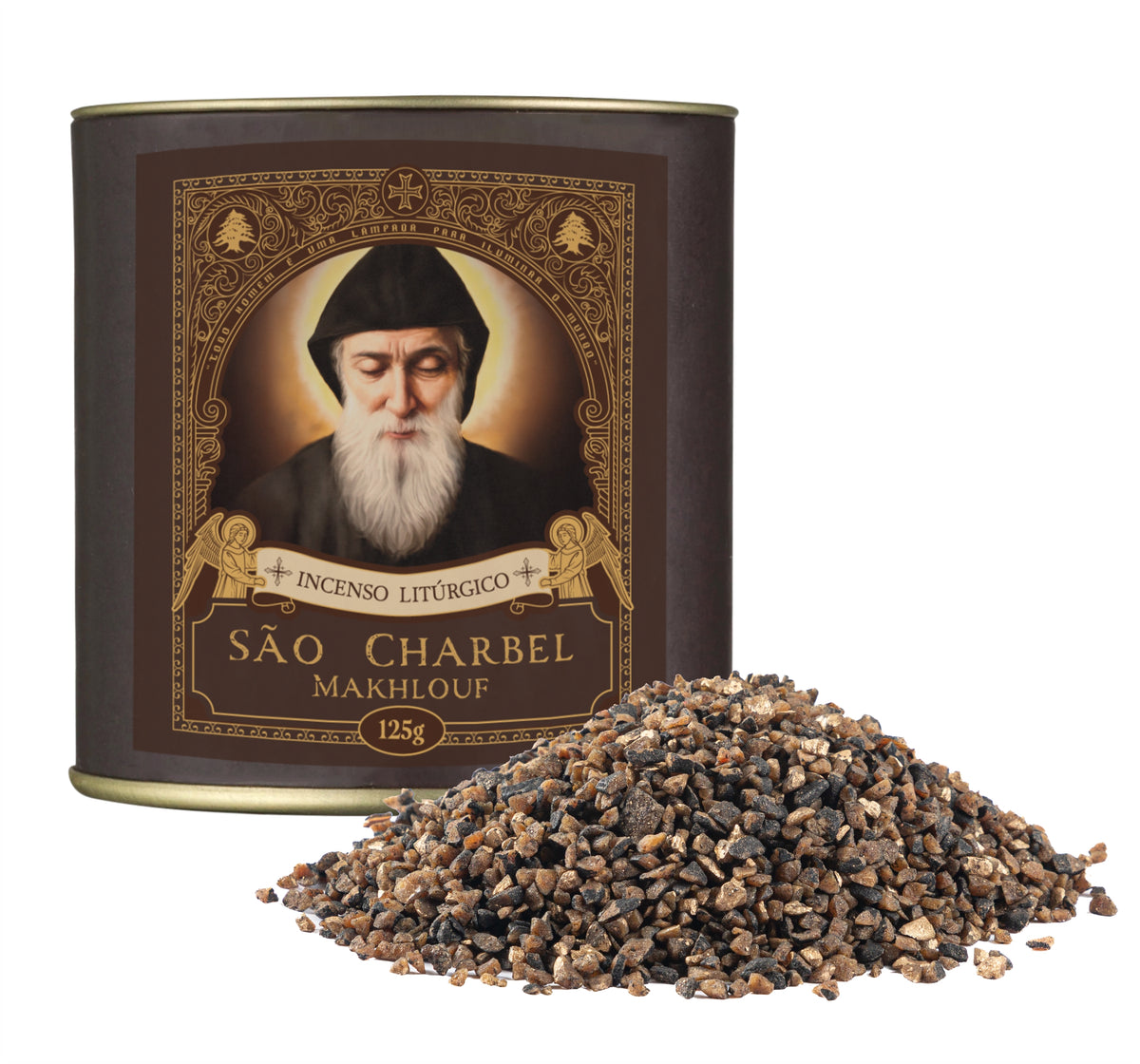 125g canister of Milagros Saint Charbel resin incense beside a pile of resin grains.