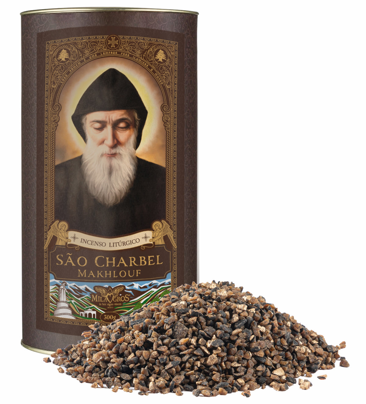 300g canister of Milagros Saint Charbel resin incense beside a pile of resin grains.