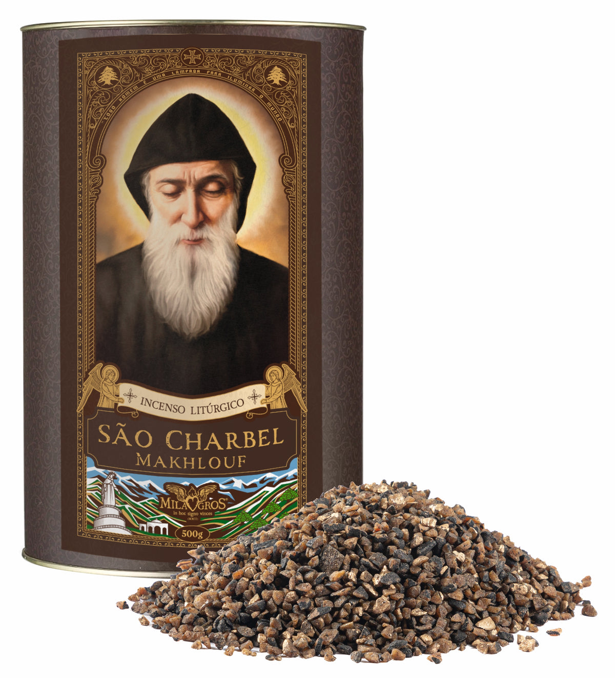 500g canister of Milagros Saint Charbel resin incense beside a pile of resin grains.