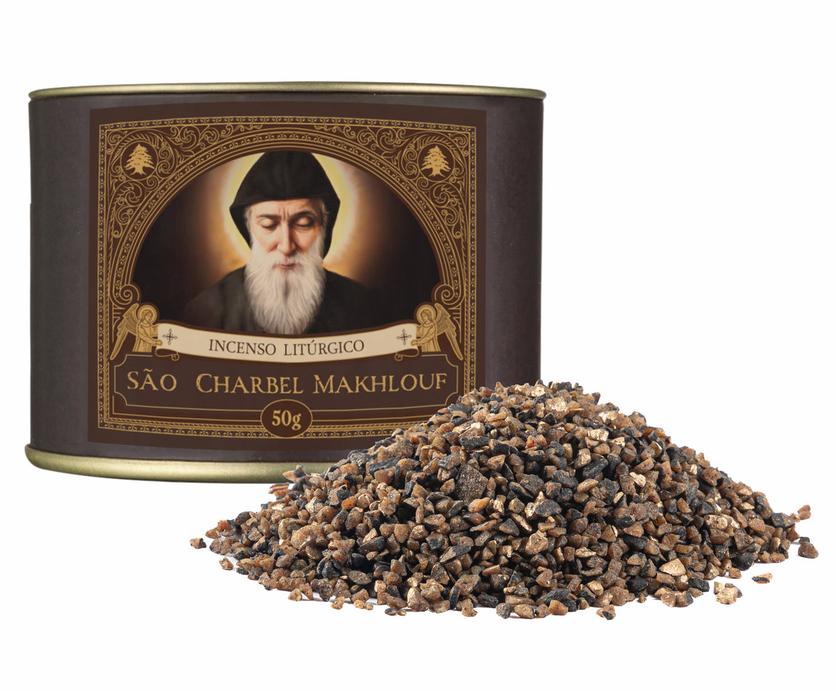 50g canister of Milagros Saint Charbel resin incense beside a pile of resin grains.