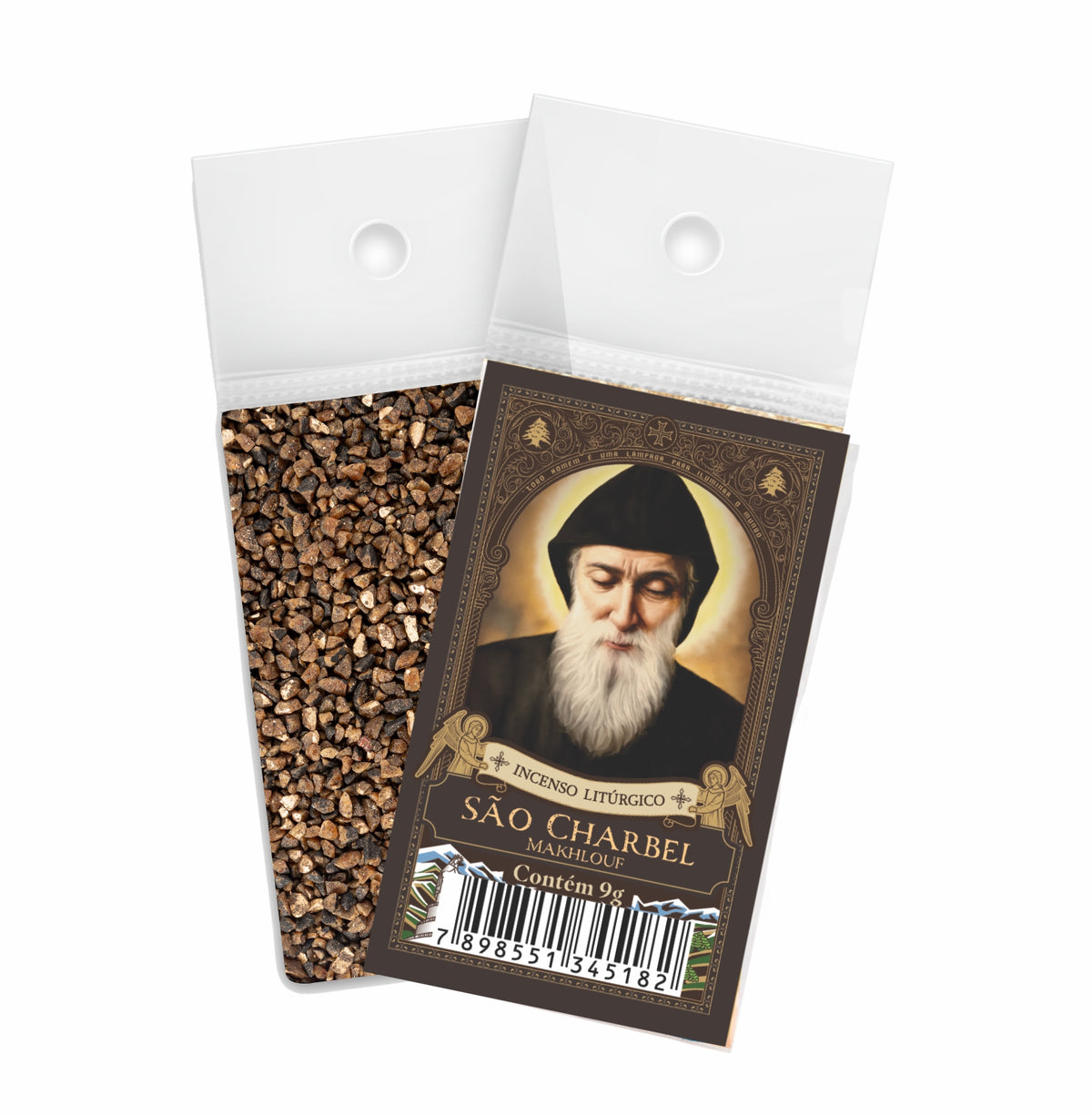 9g sachet of Milagros Saint Charbel resin incense, shown front and back with devotional label.