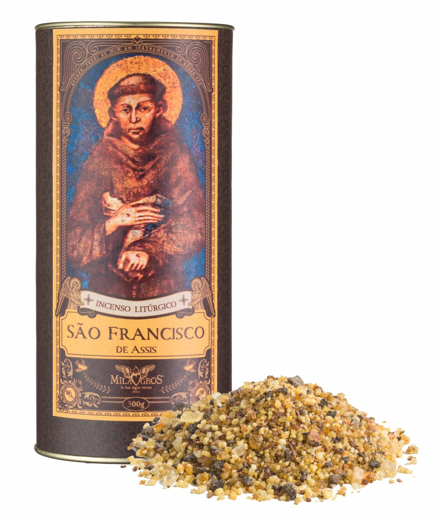 300g canister of Milagros Saint Francis of Assisi resin incense beside a pile of resin grains.