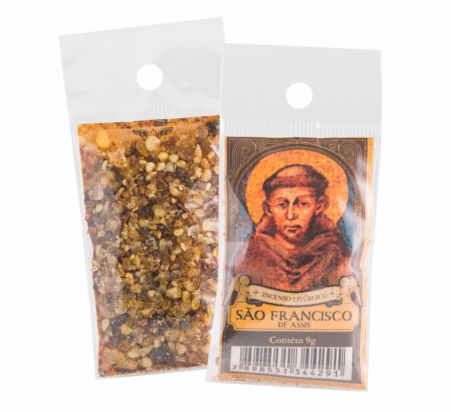 9g sachet of Milagros Saint Francis of Assisi resin incense, shown front and back with devotional label.