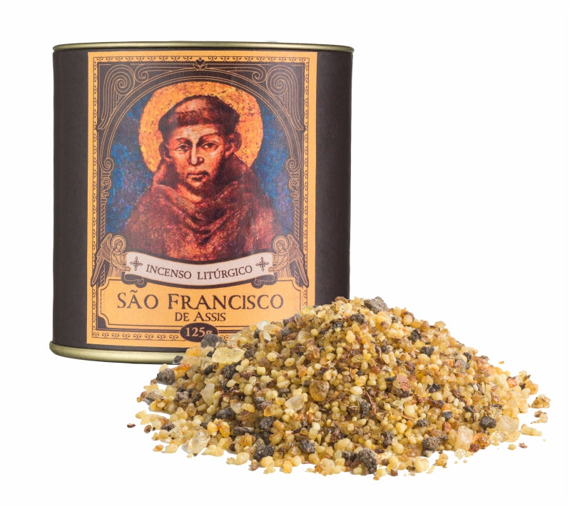 125g canister of Milagros Saint Francis of Assisi resin incense beside a pile of resin grains.