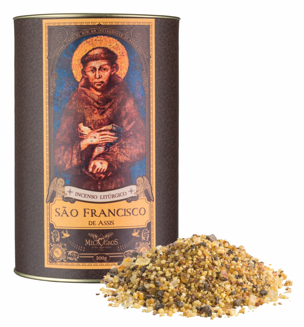 500g canister of Milagros Saint Francis of Assisi resin incense beside a pile of resin grains.