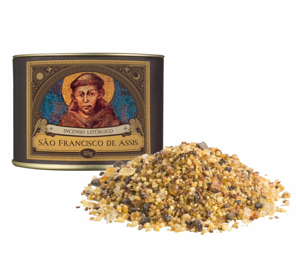 50g canister of Milagros Saint Francis of Assisi resin incense beside a pile of resin grains.