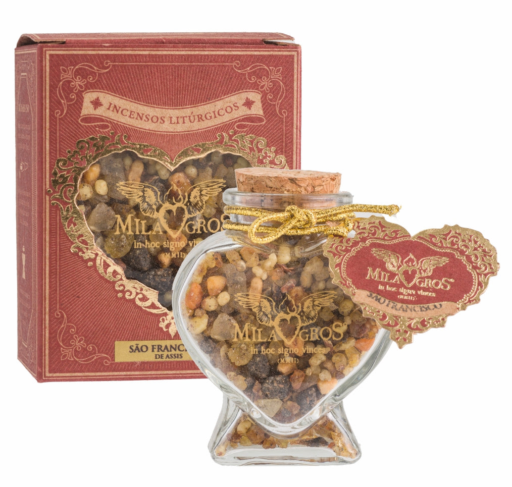 Heart-shaped Cuore glass jar (47g) of Milagros Saint Francis of Assisi resin incense with cork stopper and gift box.