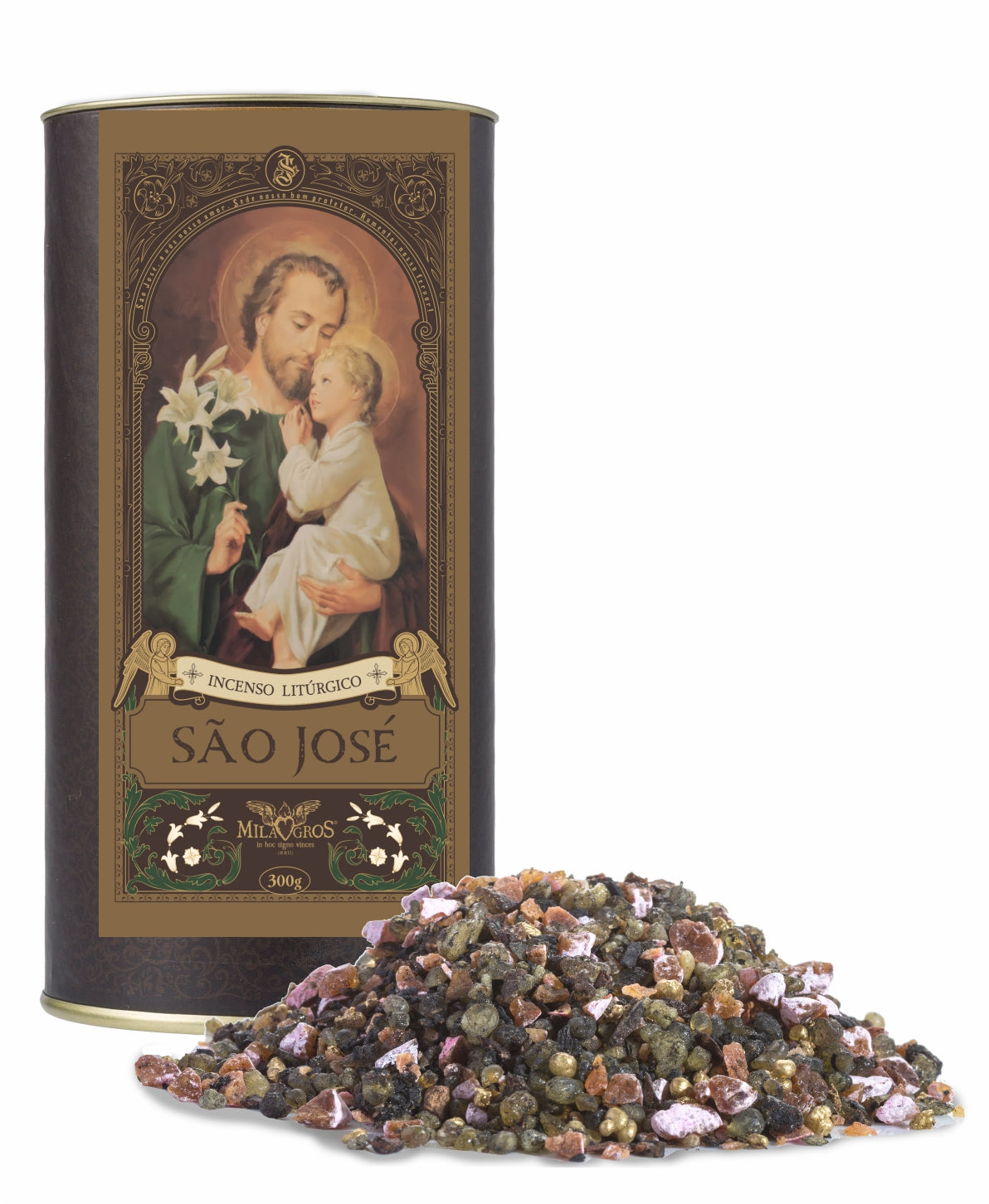 300g canister of Milagros Saint Joseph resin incense beside a pile of resin grains.