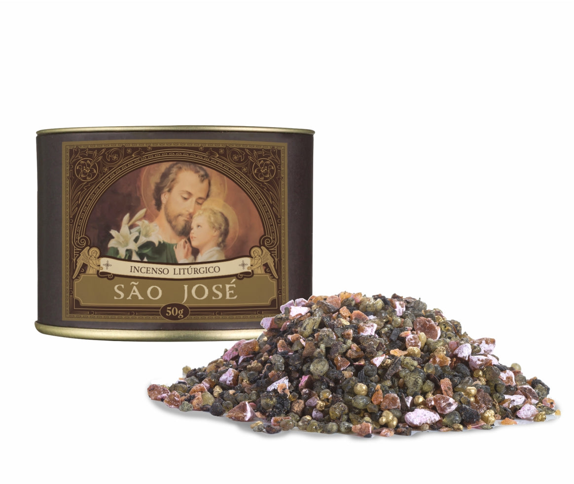 50g canister of Milagros Saint Joseph resin incense beside a pile of resin grains.