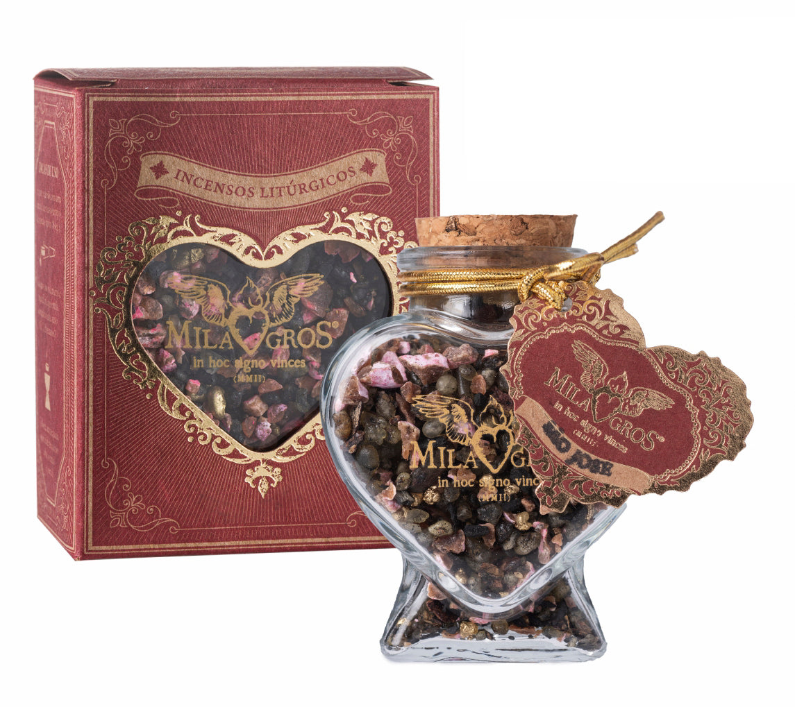 Heart-shaped Cuore glass jar (47g) of Milagros Saint Joseph resin incense with cork stopper and gift box.