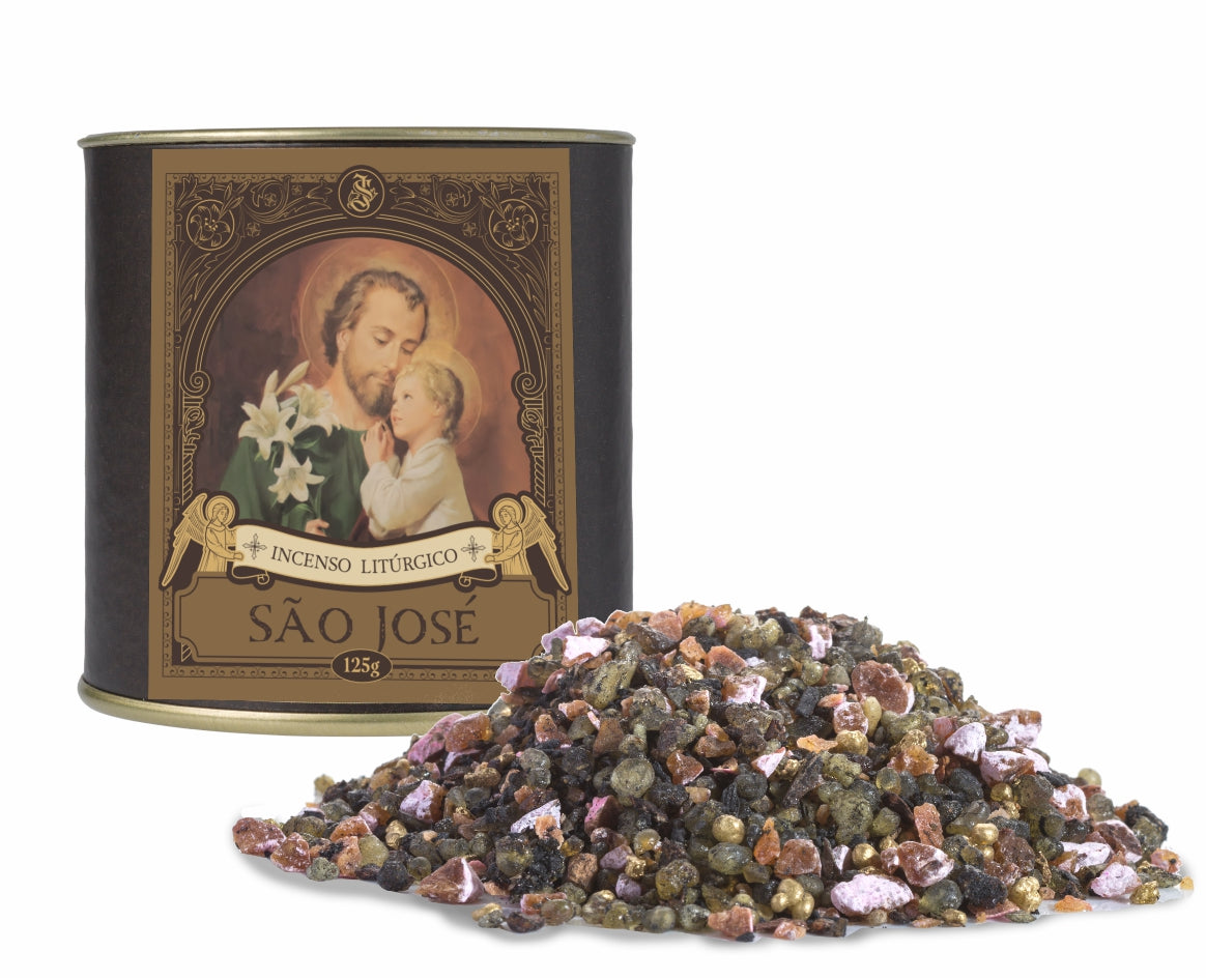 125g canister of Milagros Saint Joseph resin incense beside a pile of resin grains.