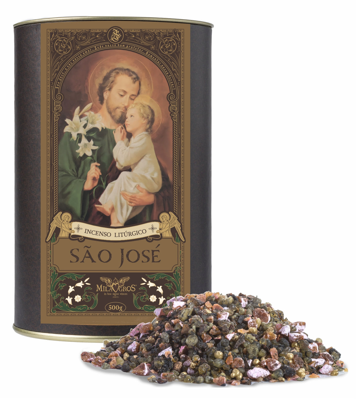500g canister of Milagros Saint Joseph resin incense beside a pile of resin grains.