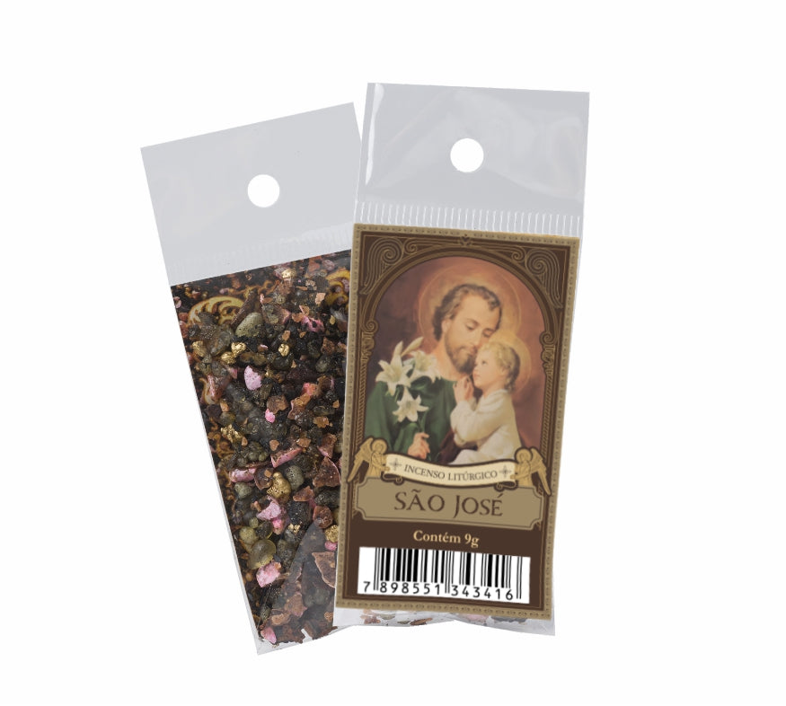 9g sachet of Milagros Saint Joseph resin incense, shown front and back with devotional label.