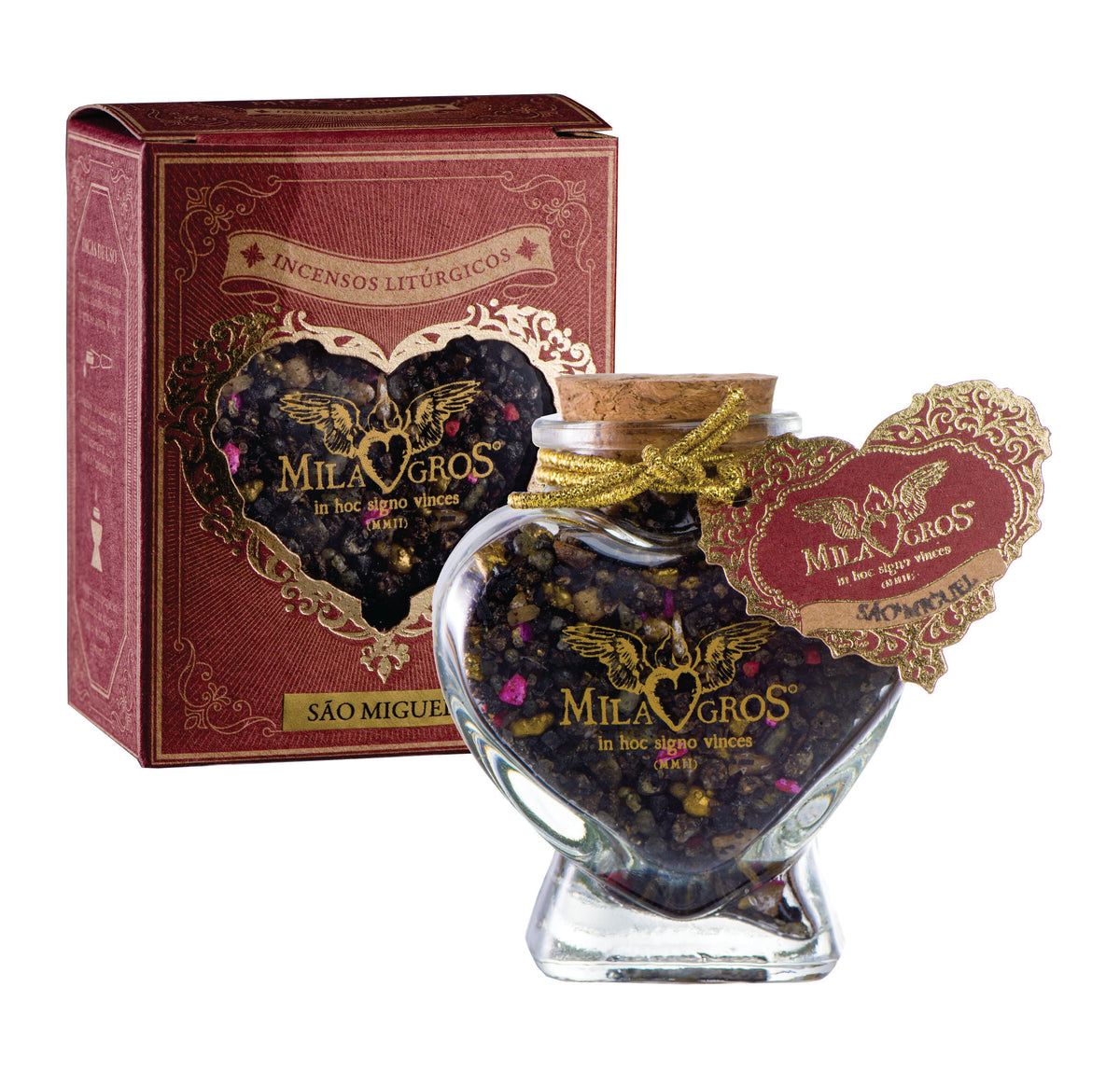 Heart-shaped Cuore glass jar (47g) of Milagros Saint Michael the Archangel resin incense with cork stopper and gift box.