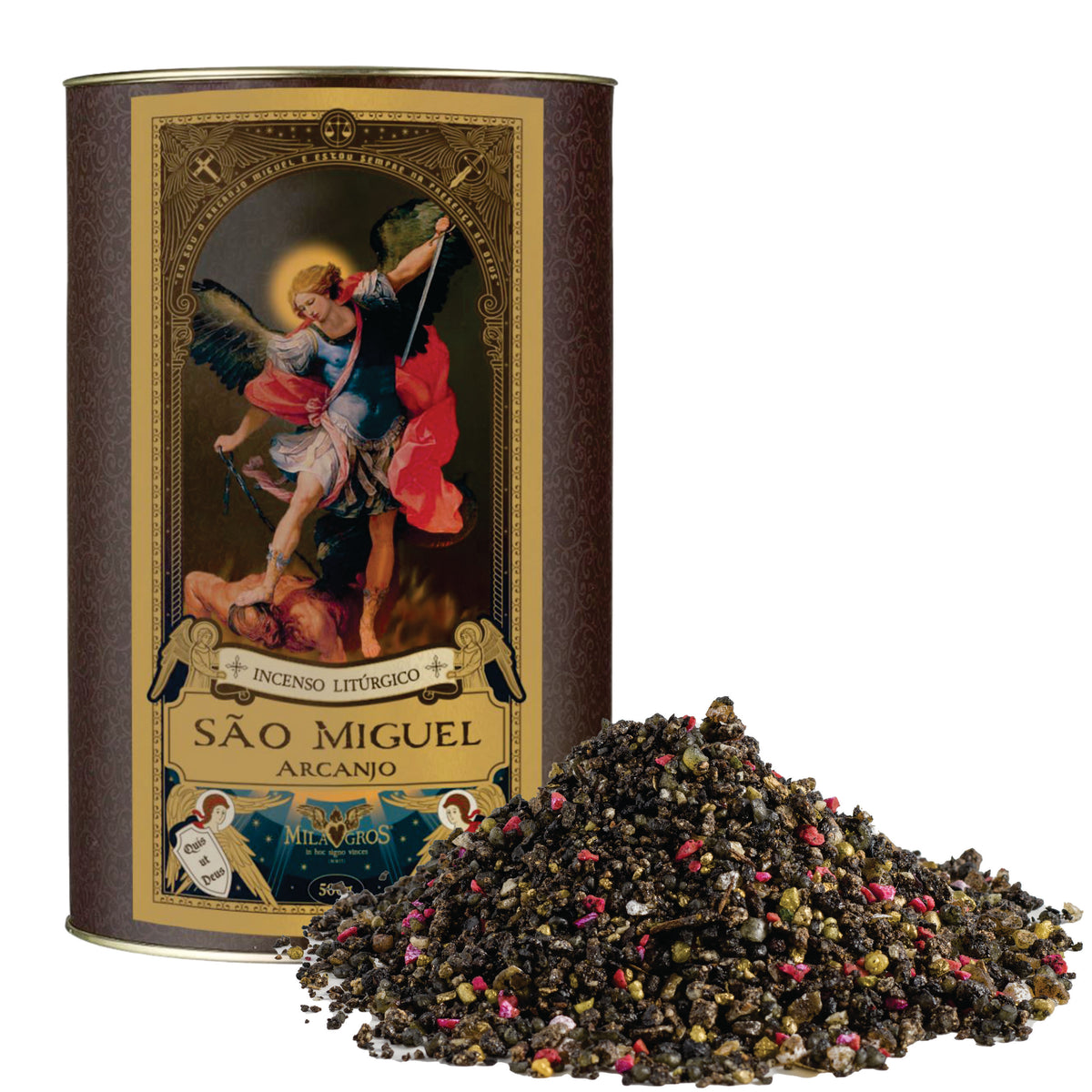 500g canister of Milagros Saint Michael the Archangel resin incense beside a pile of resin grains.