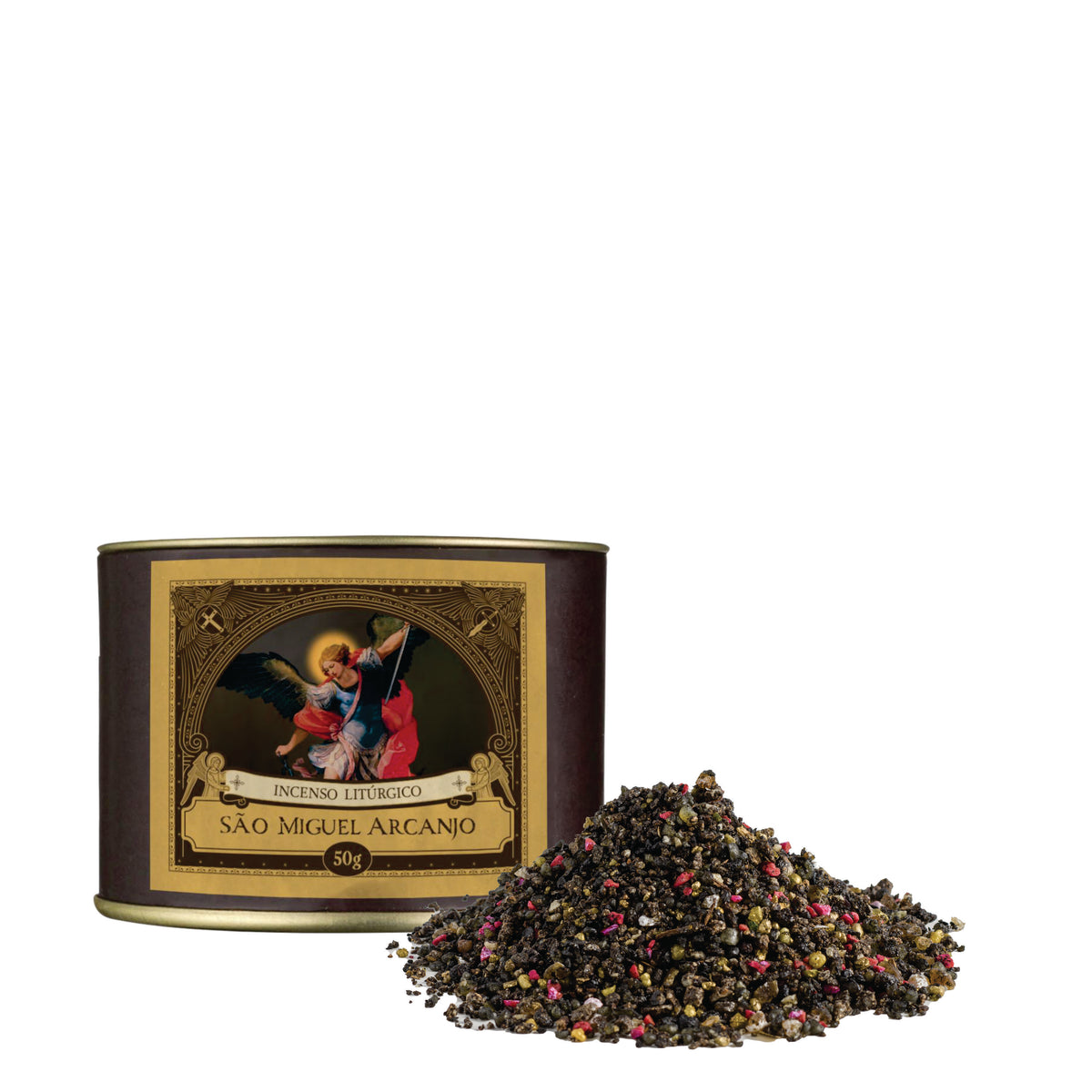 50g canister of Milagros Saint Michael the Archangel resin incense beside a pile of resin grains.