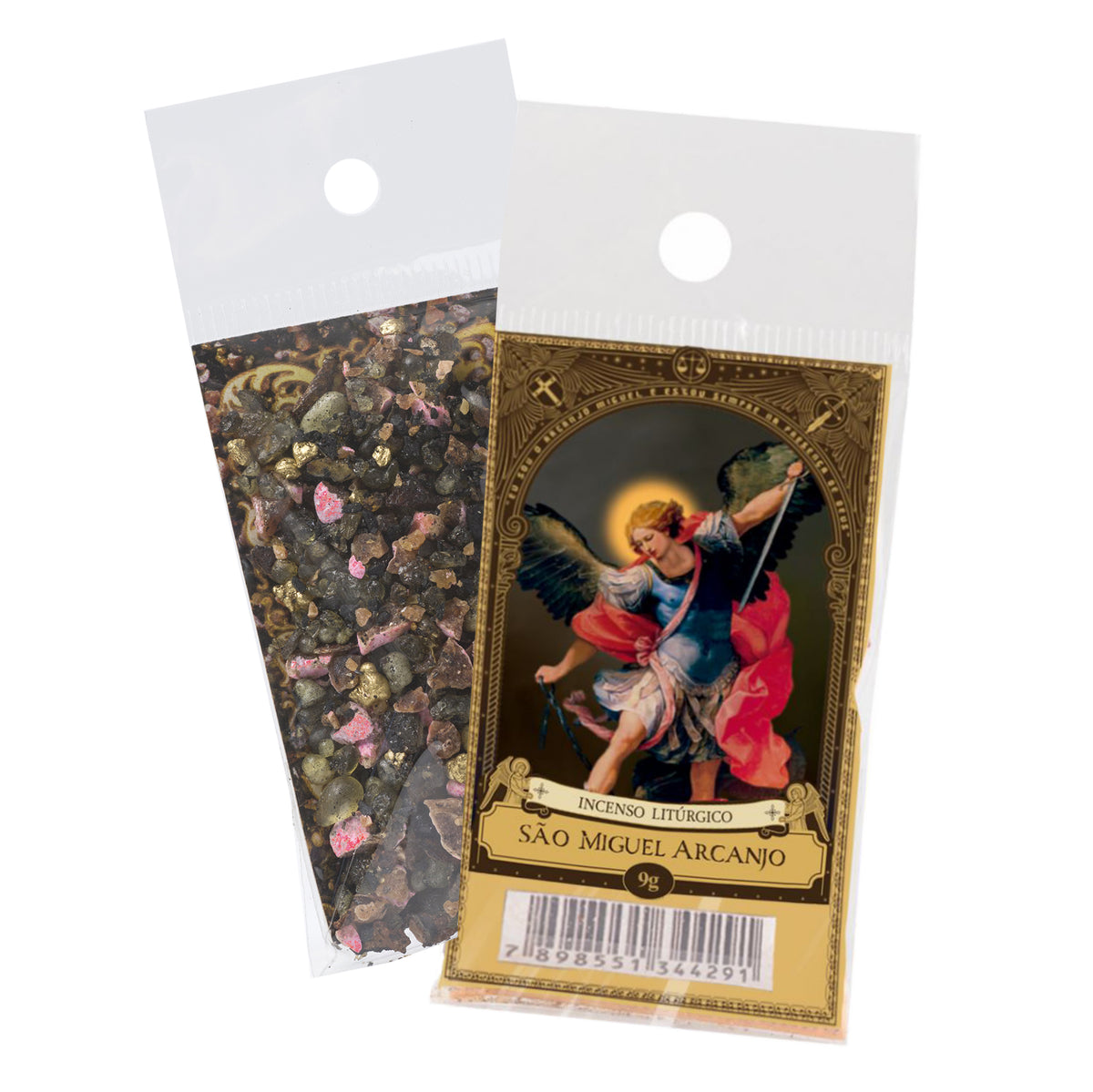 9g sachet of Milagros Saint Michael the Archangel resin incense, shown front and back with devotional label.