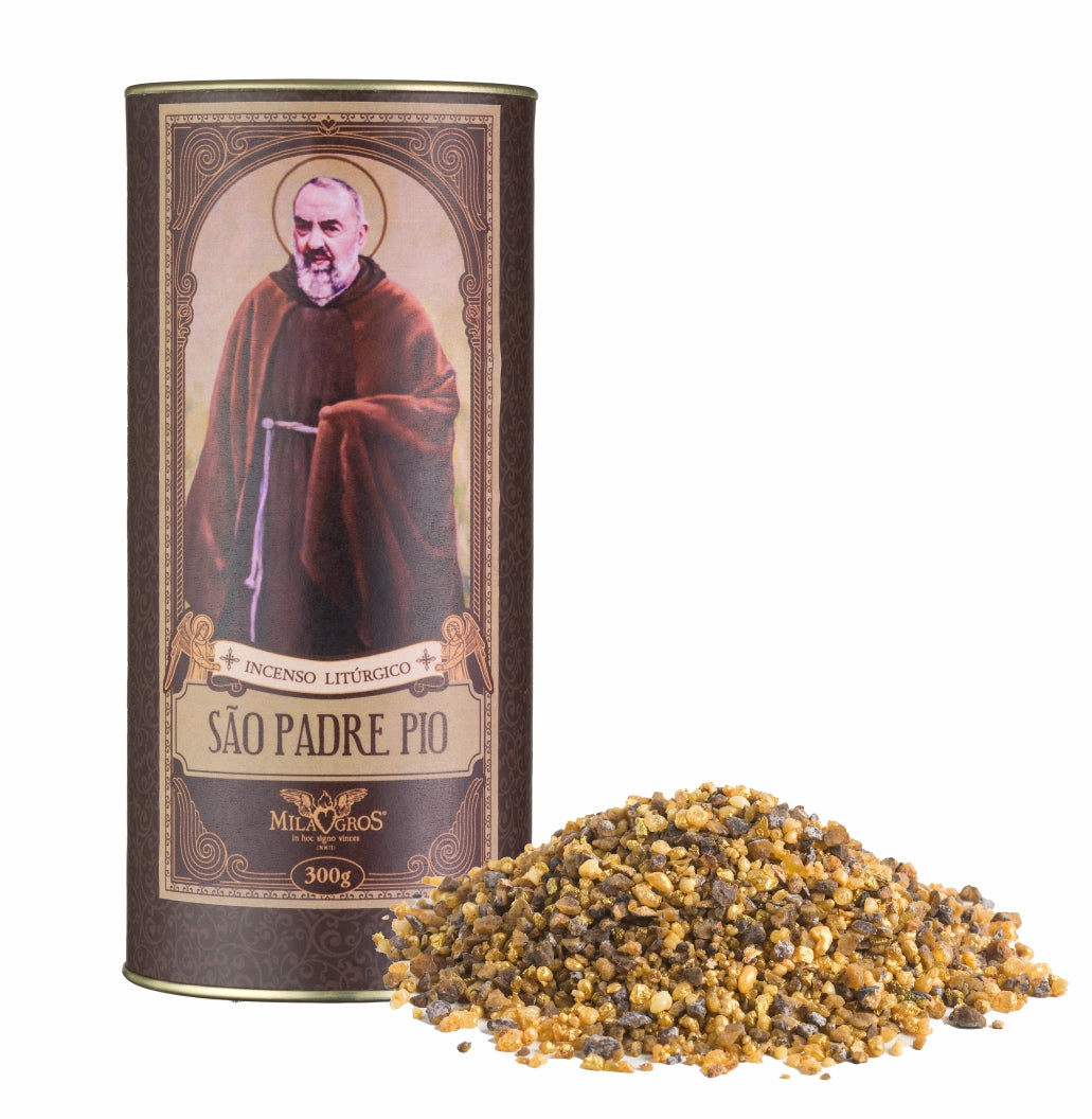 300g canister of Milagros Saint Padre Pio resin incense beside a pile of resin grains.