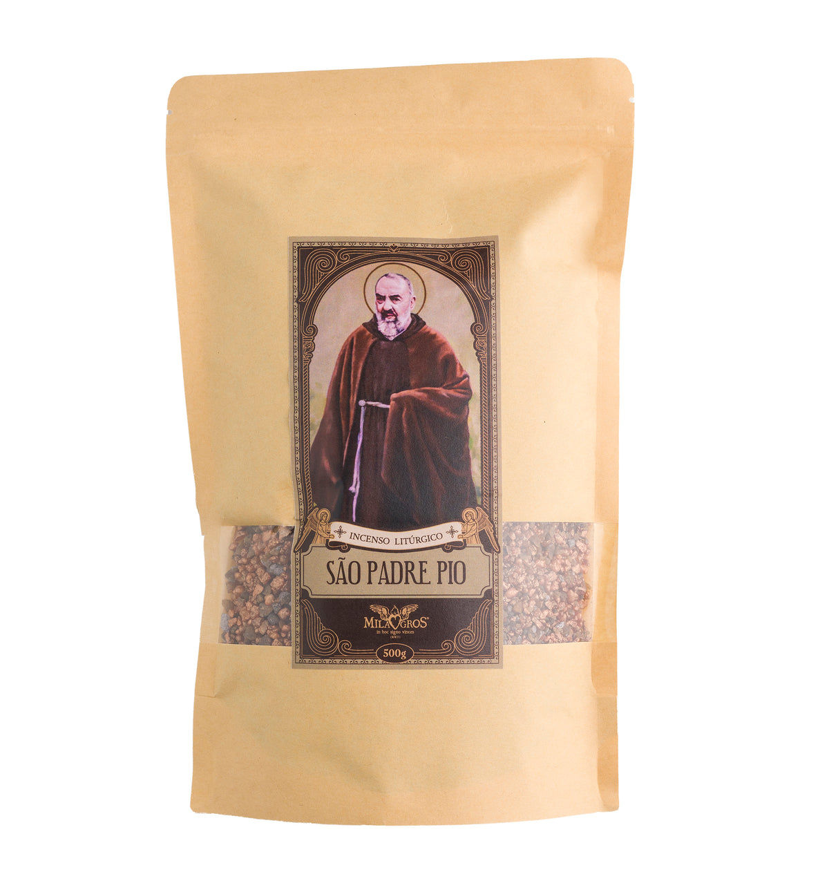 500g kraft refill pouch of Milagros Saint Padre Pio resin incense — cinnamon wrapped in soft menthol.