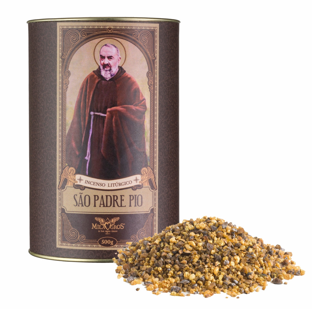 500g canister of Milagros Saint Padre Pio resin incense beside a pile of resin grains.