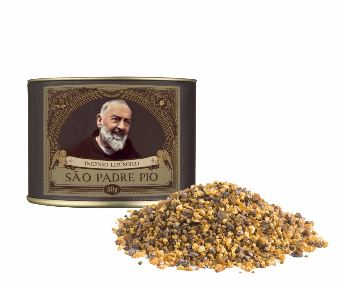 50g canister of Milagros Saint Padre Pio resin incense beside a pile of resin grains.
