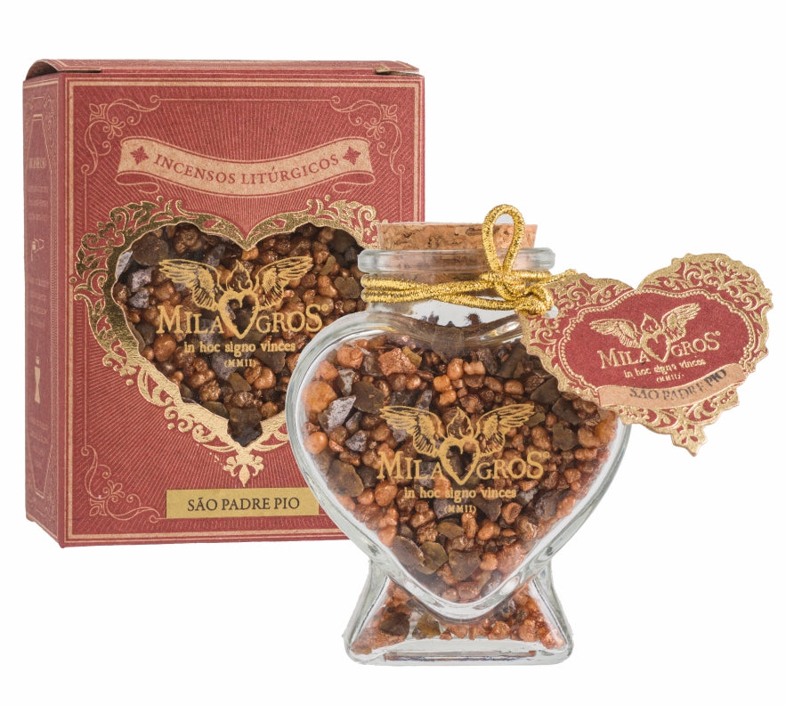 Heart-shaped Cuore glass jar (47g) of Milagros Saint Padre Pio resin incense with cork stopper and gift box.