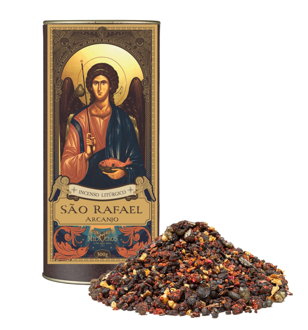 300g canister of Milagros Saint Raphael the Archangel resin incense beside a pile of resin grains.