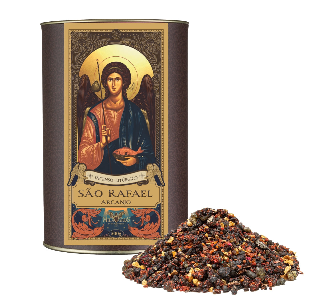 500g canister of Milagros Saint Raphael the Archangel resin incense beside a pile of resin grains.