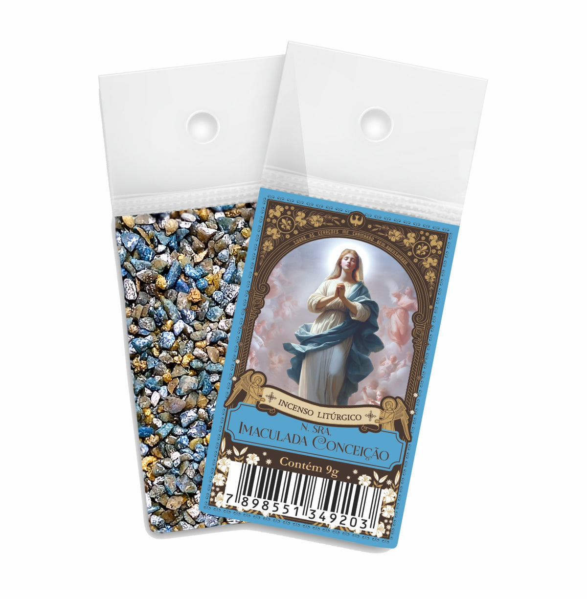 9g sachet of Milagros Immaculate Conception resin incense, shown front and back with devotional label.