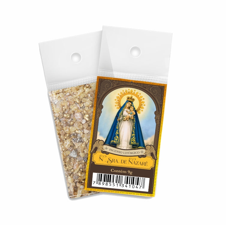 9g sachet of Milagros Our Lady of Nazareth resin incense, shown front and back with devotional label.