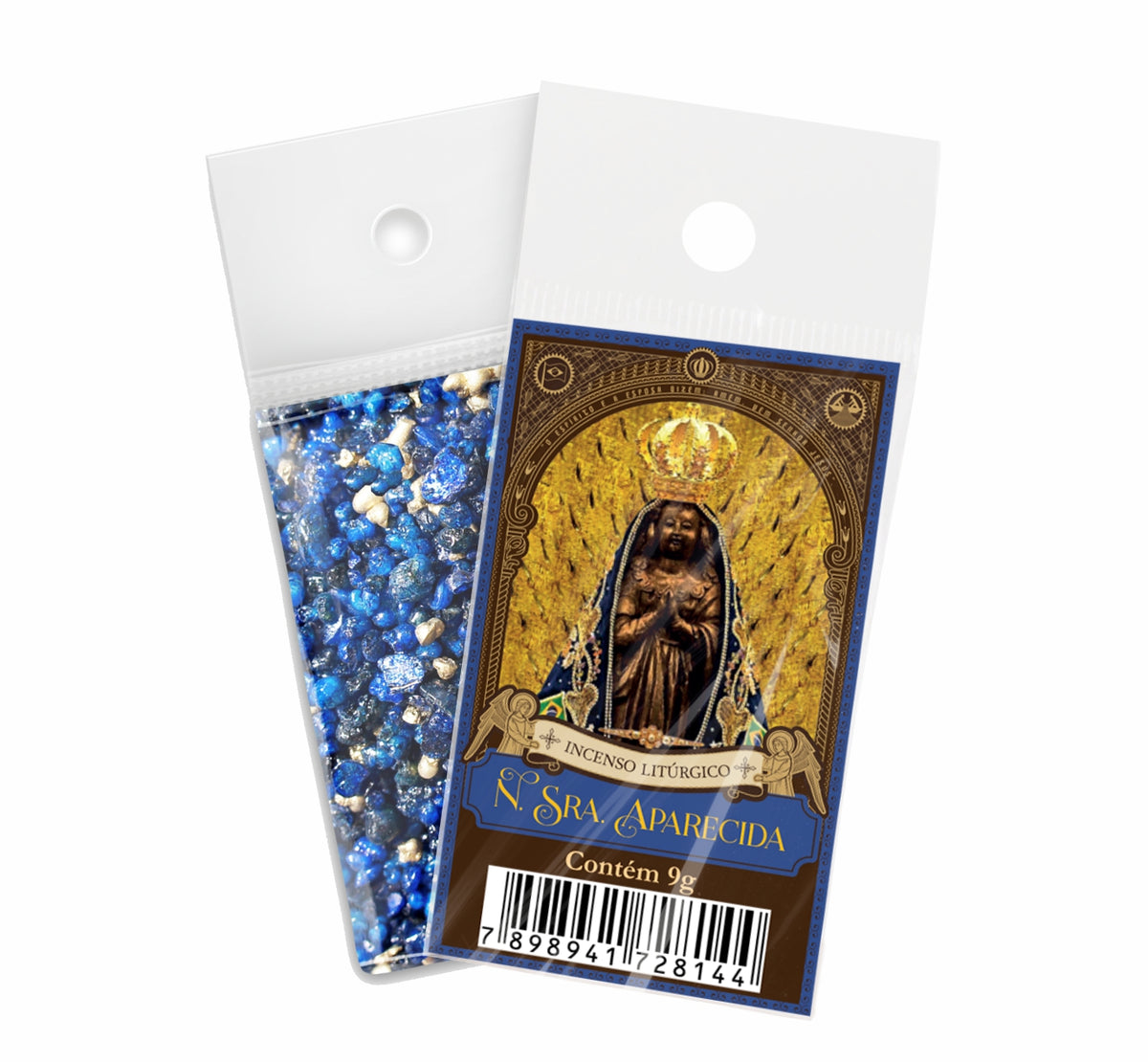 9g sachet of Milagros Our Lady Aparecida resin incense, shown front and back with devotional label.
