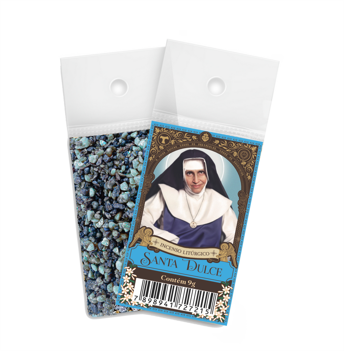 9g sachet of Milagros Saint Dulce resin incense, shown front and back with devotional label.