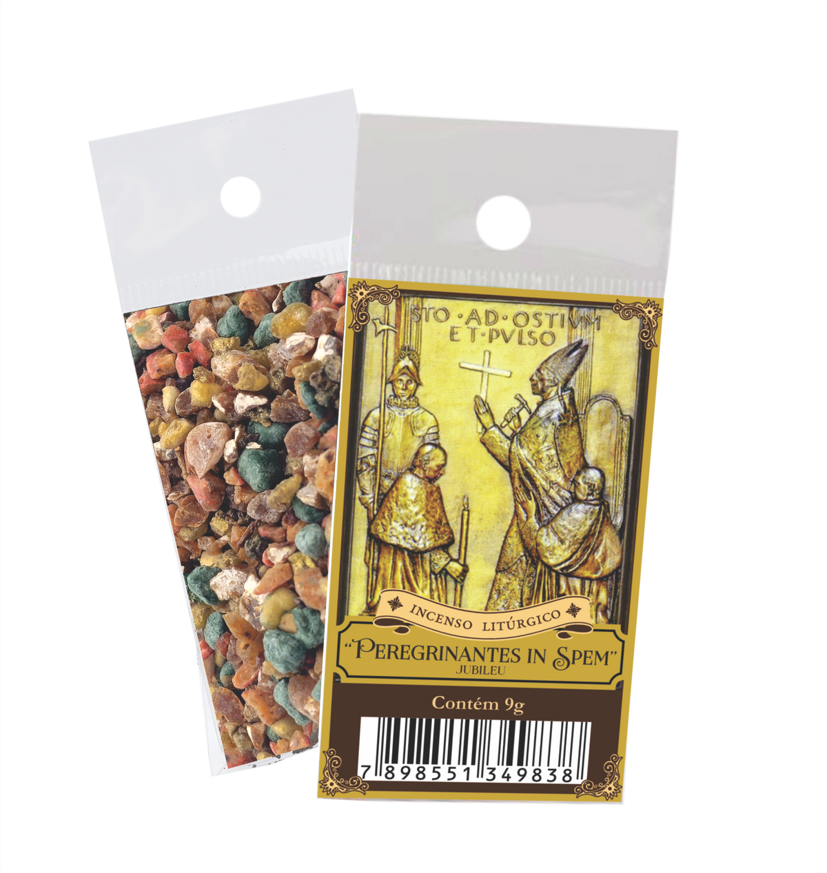 9g sachet of Milagros Peregrinantes in Spem resin incense, shown front and back with devotional label.