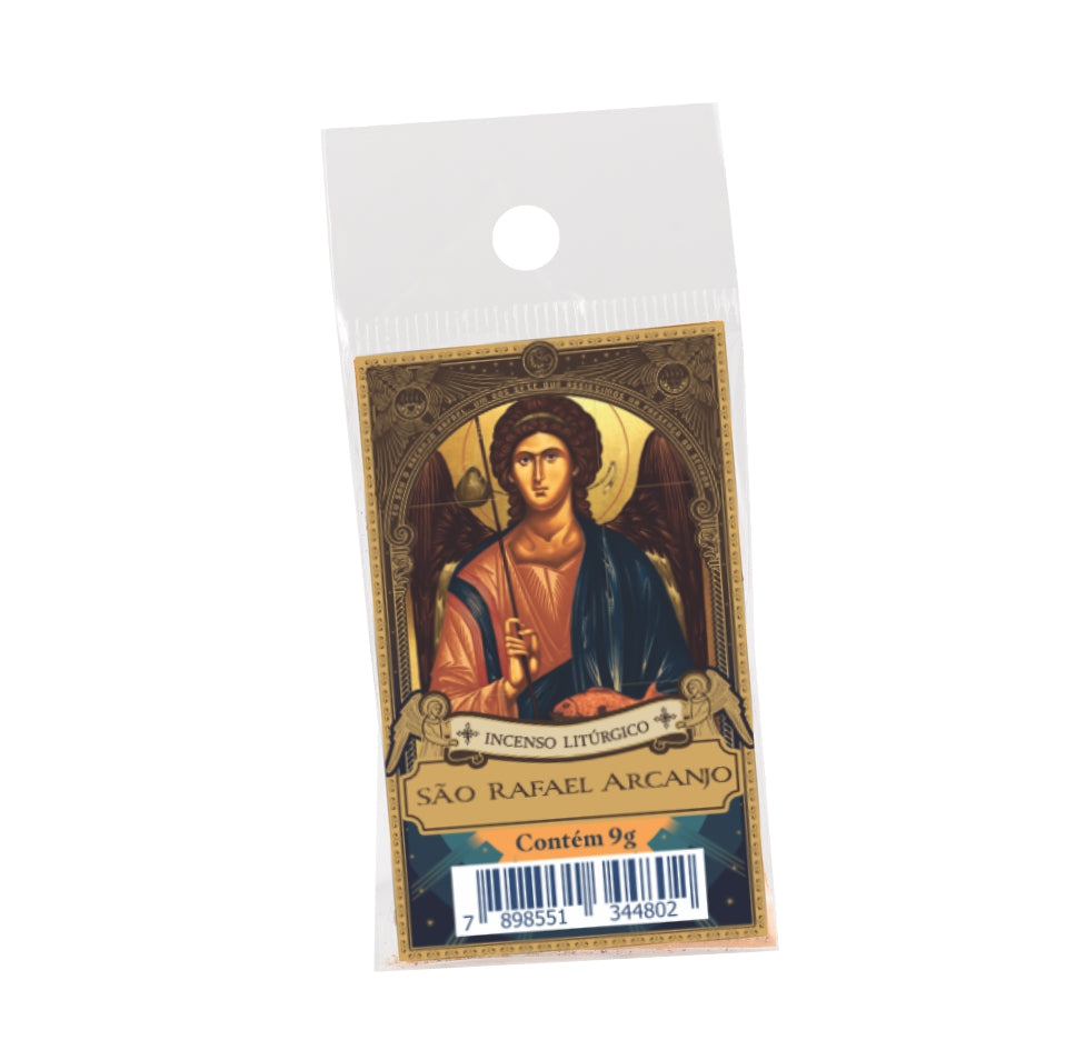 9g sachet of Milagros Saint Raphael the Archangel resin incense, shown front and back with devotional label.