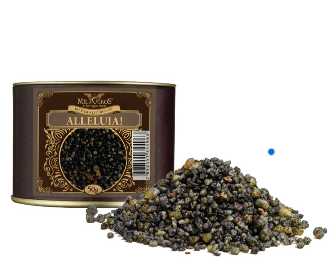 50g canister of Milagros Alleluia Premium resin incense beside a pile of resin grains.