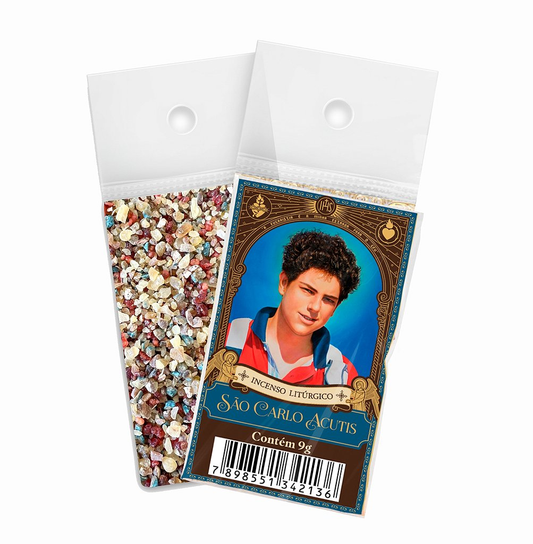 9g sachet of Milagros Saint Carlo Acutis resin incense, shown front and back with devotional label.
