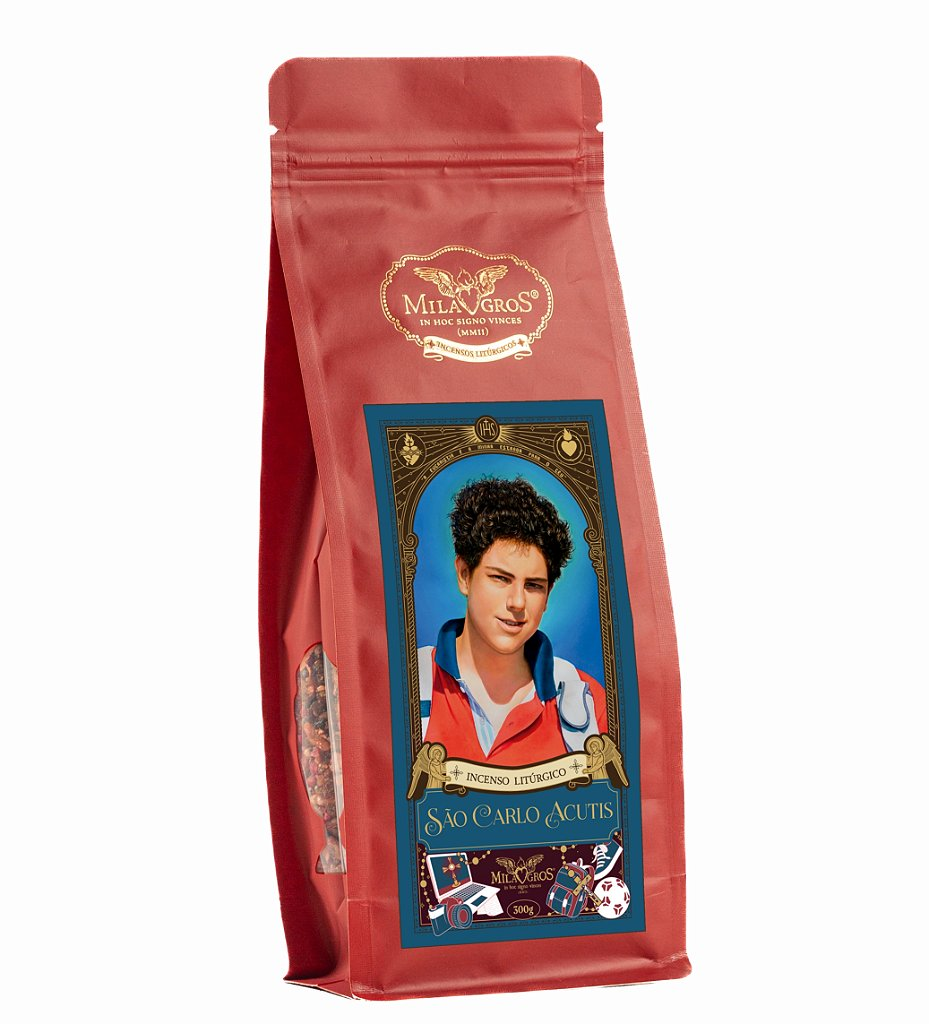 Red zip-top stand-up pouch of Milagros Saint Carlo Acutis resin incense with devotional label — citrus, lavender, and nard.