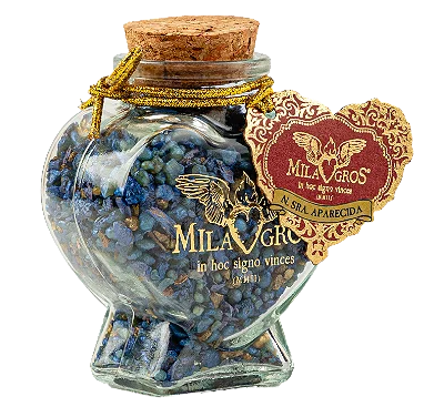 Heart-shaped Cuore glass jar (47g) of Milagros Saint Dulce resin incense with cork stopper and gift box.