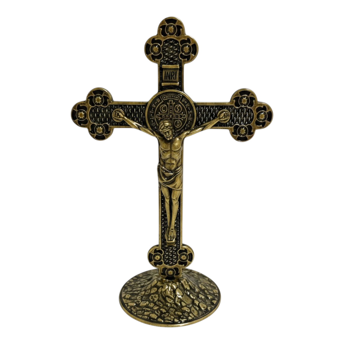 Saint Benedict Metal Table Crucifix with Medal — Old Gold, 5.1 in Standing Cross