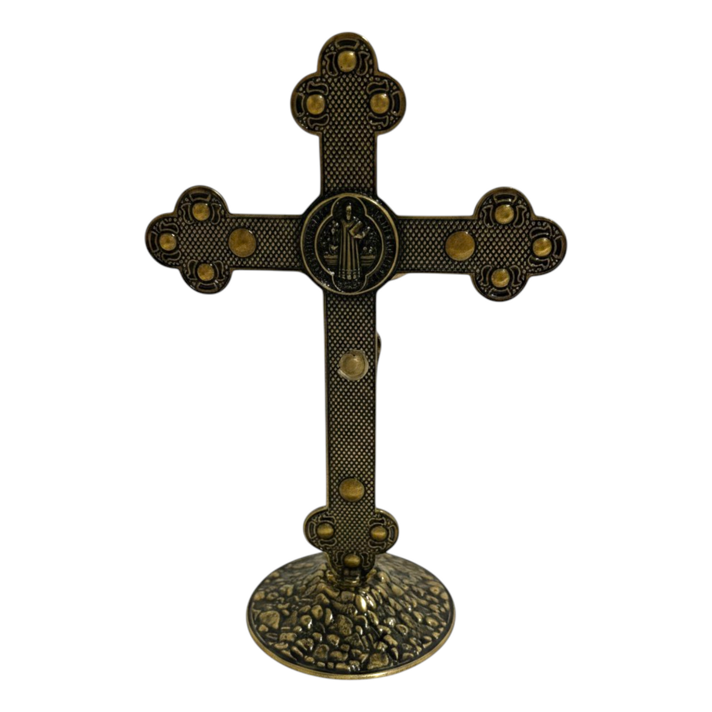 Saint Benedict Metal Table Crucifix with Medal — Old Gold, 5.1 in Standing Cross