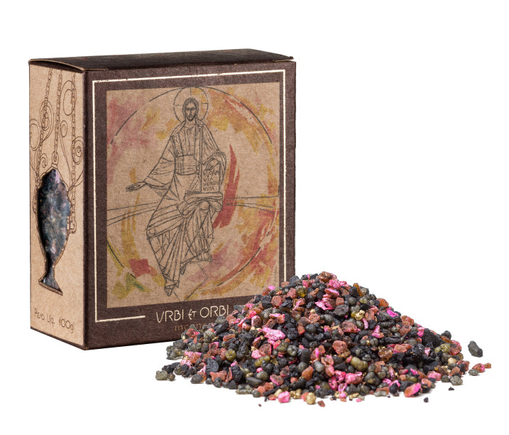 100g canister of Milagros Urbi et Orbi resin incense beside a pile of resin grains.